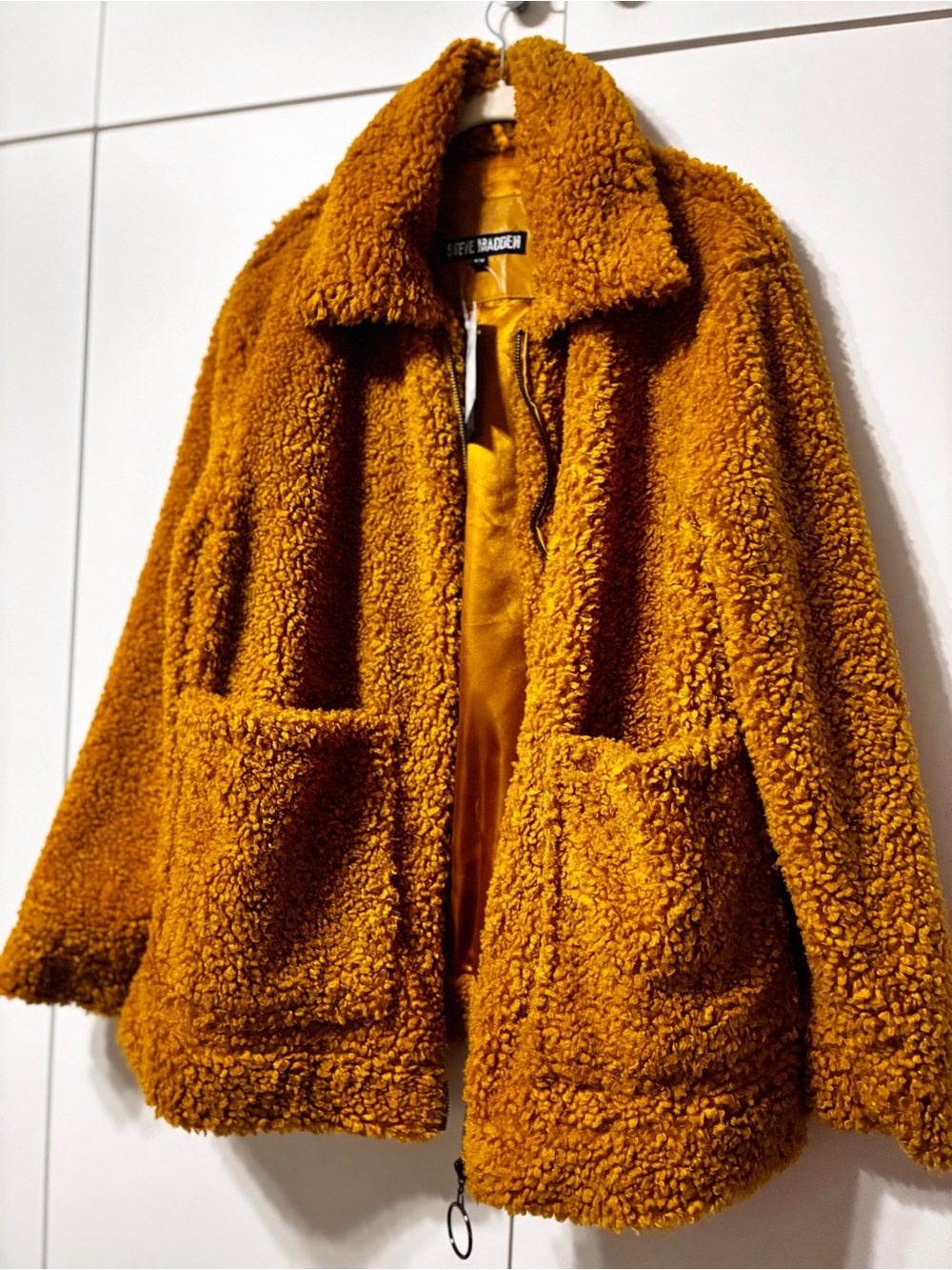 Steve Madden Teddy Sherpa Zip Jacket in Mustard Brown